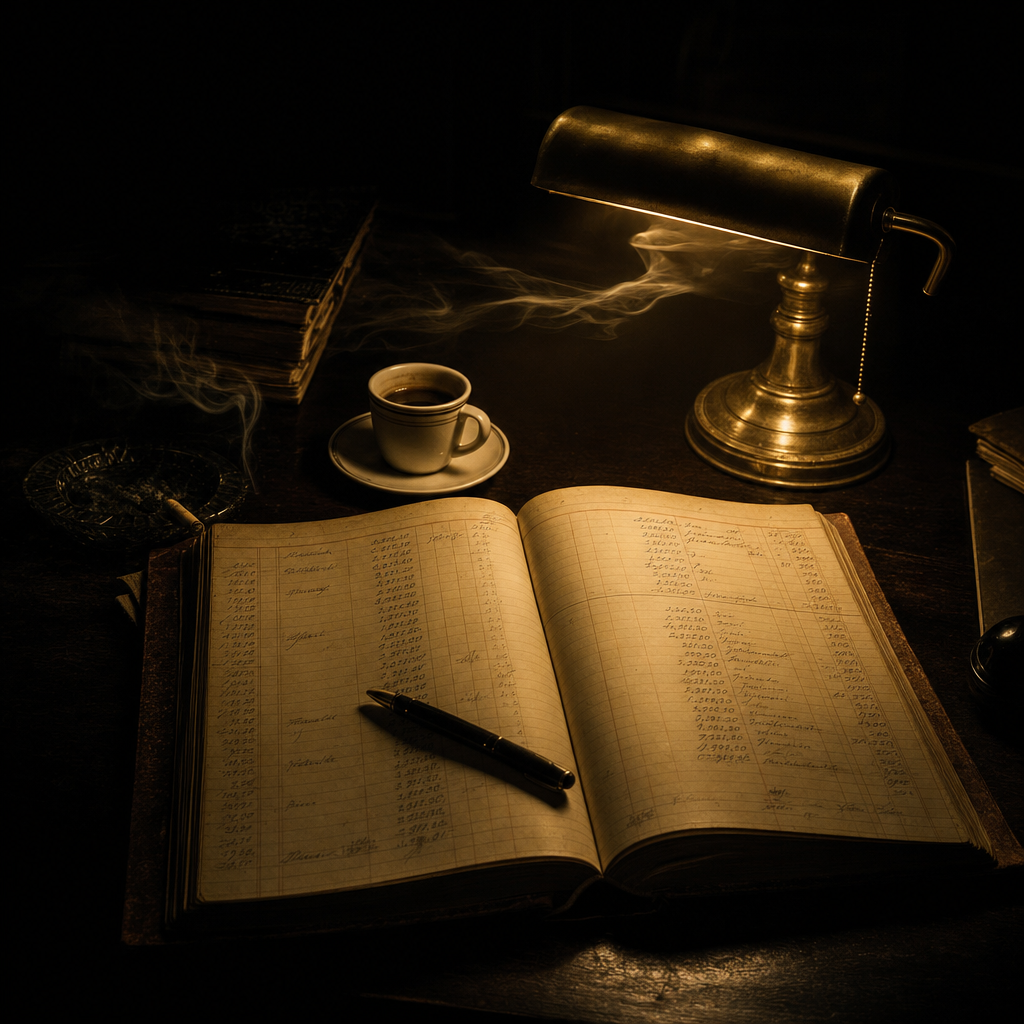 A leather ledger open under a banker's lamp