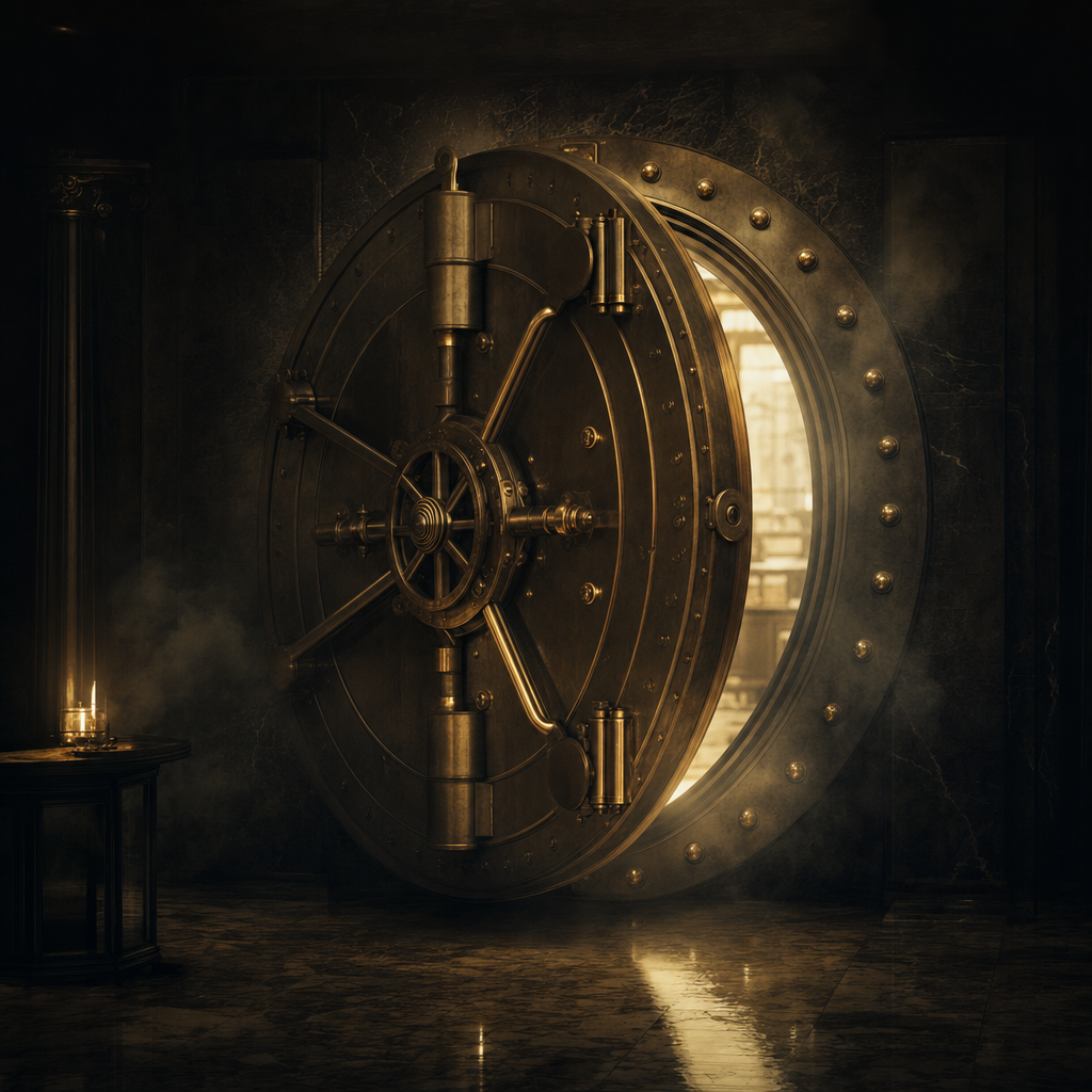 A brass vault door ajar in candlelight